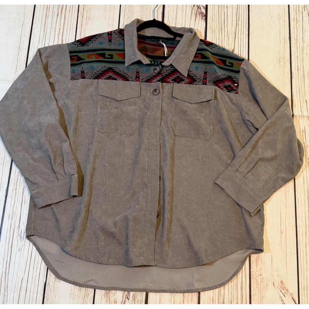 Davi & Dani Grey Corduroy Aztec Southwestern Print Shacket Shirt Jacket 3XL